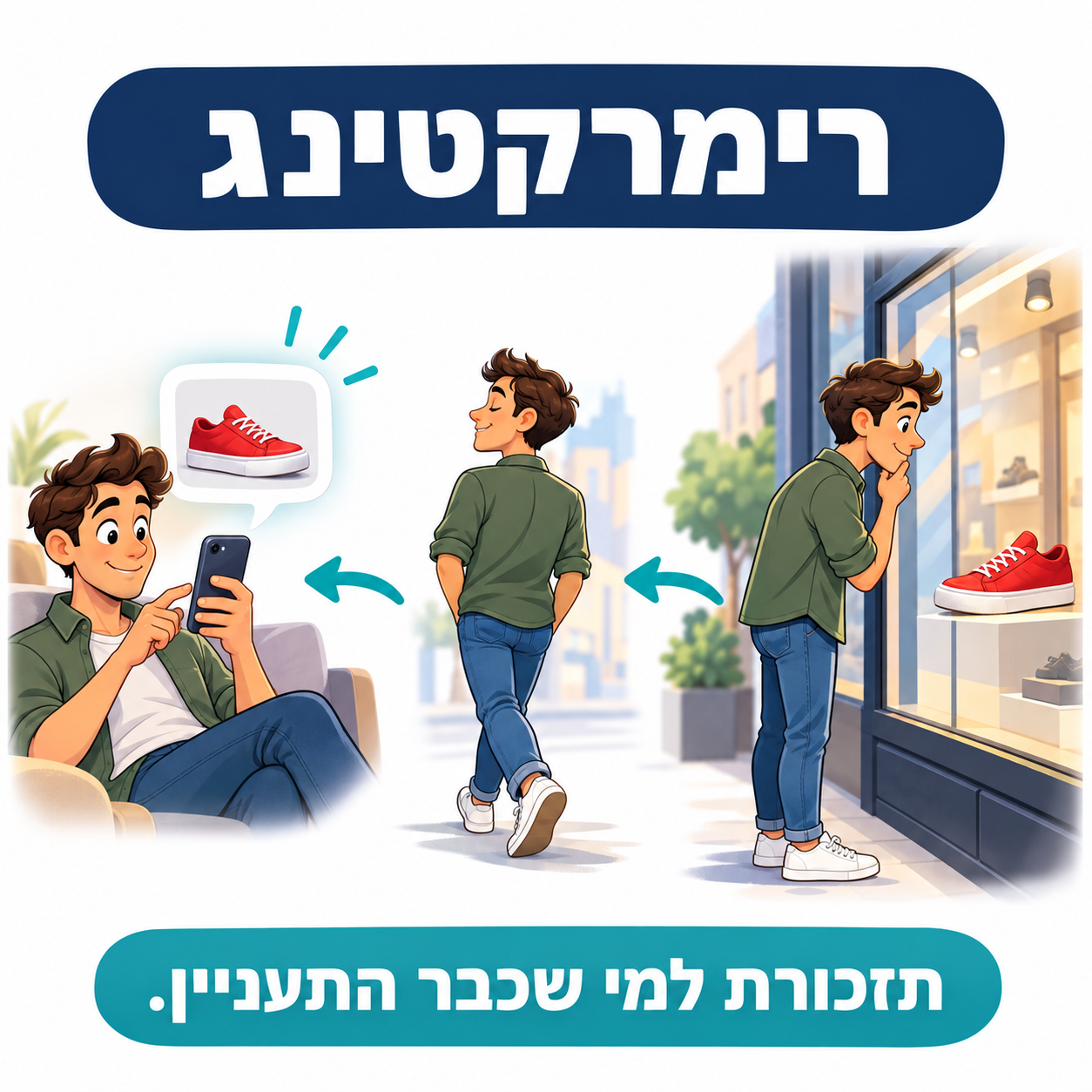 רימרקטינג: אדם מתעניין בנעל בחלון ראווה ובהמשך רואה תזכורת למוצר בטלפון