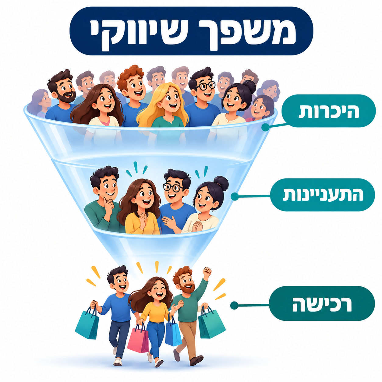 משפך שיווקי המציג היכרות, התעניינות ורכישה באמצעות קבוצות אנשים