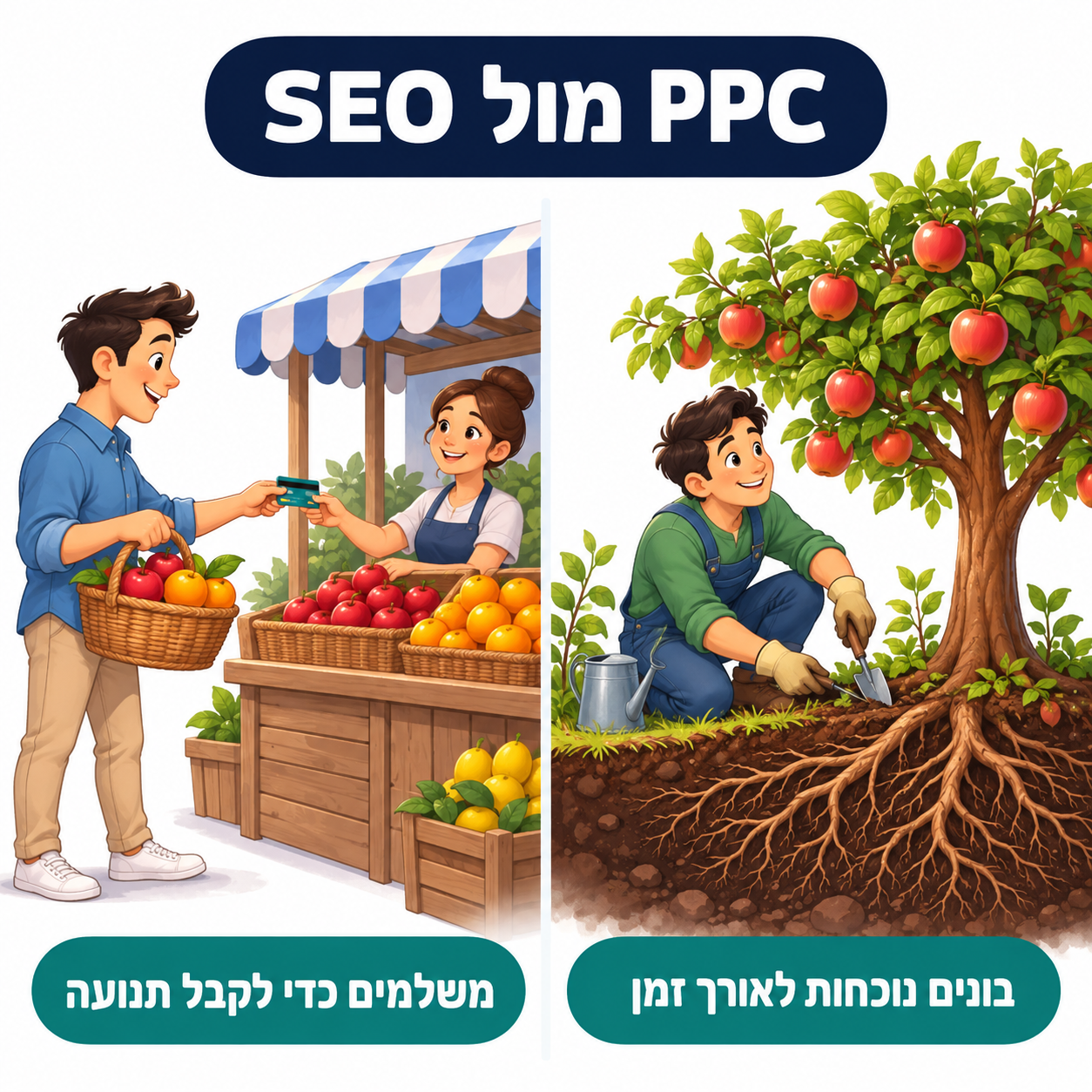 SEO מול PPC בהמחשה של טיפוח עץ פרי לעומת רכישת פירות בדוכן