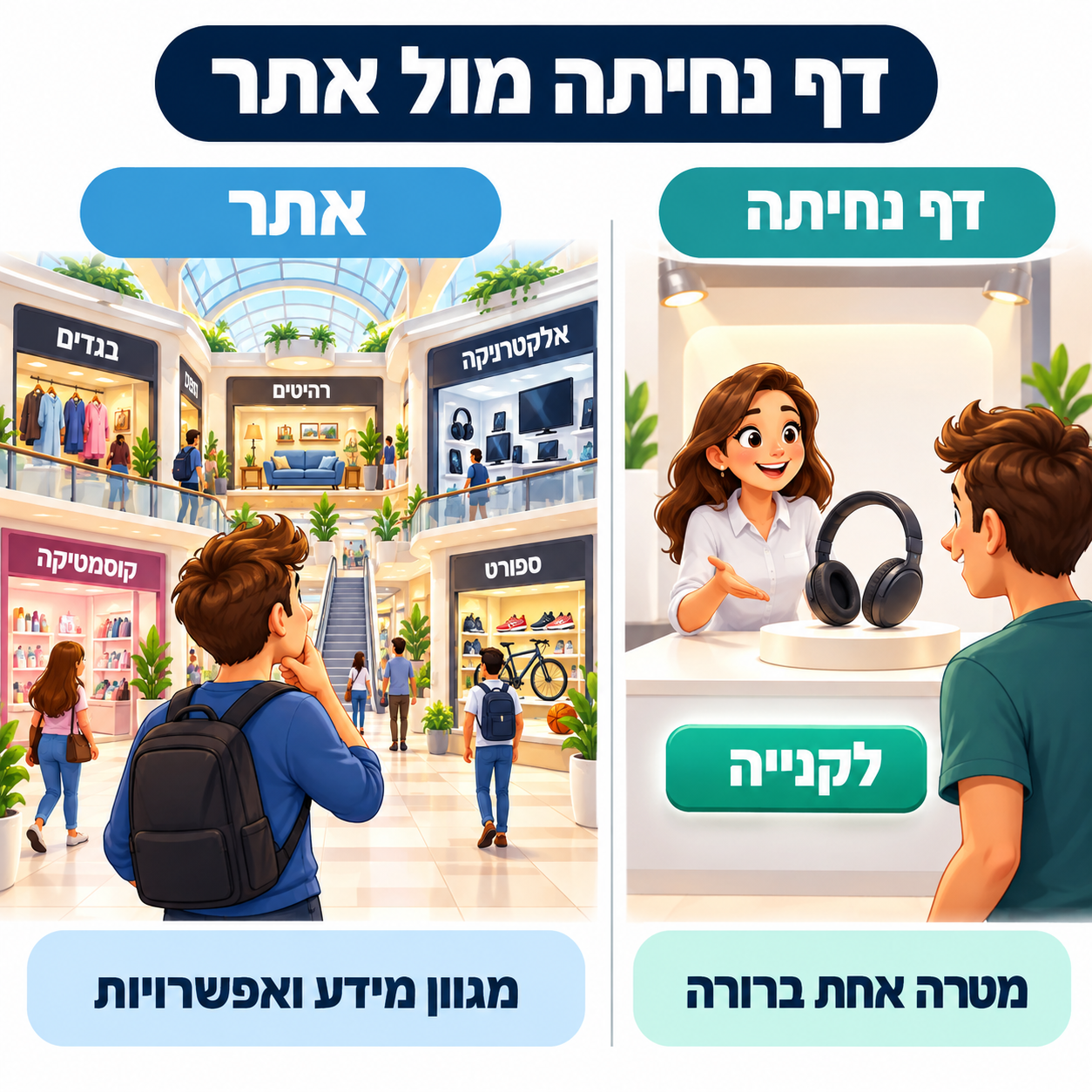 דף נחיתה מול אתר: דלפק עם הצעה ממוקדת לעומת מרכז מסחרי עם מגוון אפשרויות